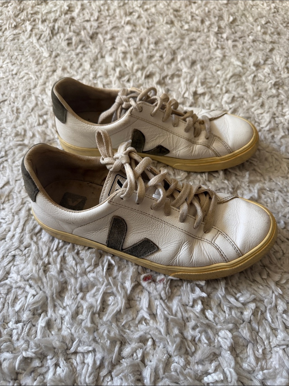 Veja Leather Sneakers in White with Olive Accents